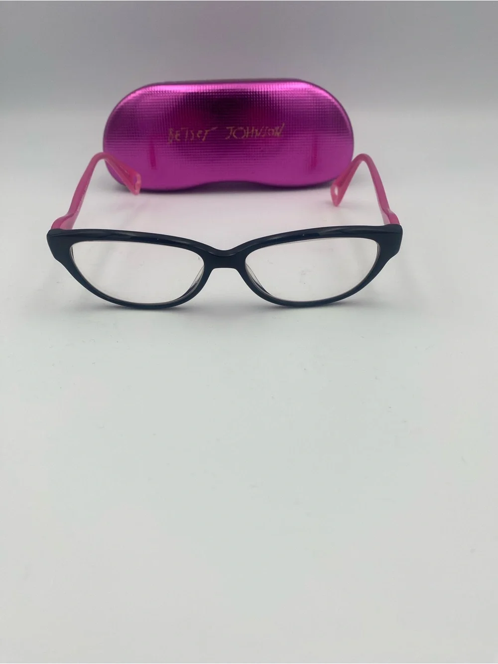Betsey Johnson Black and Pink Reading Glasses with Pink Metallic Case